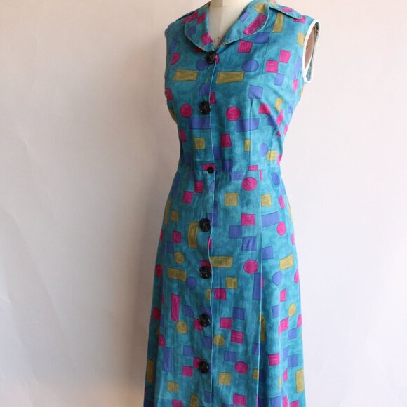 Vintage 1960s Dress, Blue Shirtwaist in Cotton, Volup Size, Geometric Shape - Picture 7 of 10